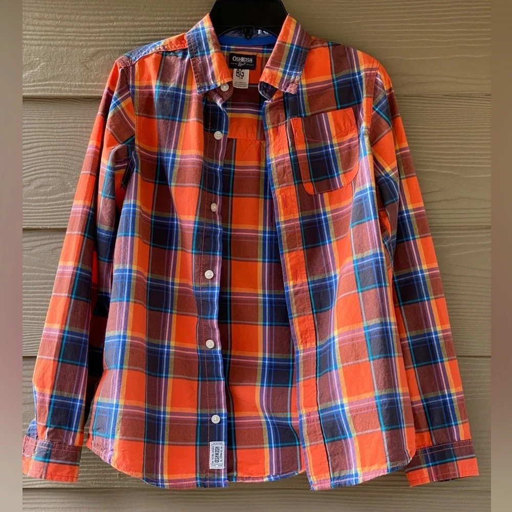 OshKosh B'Gosh Boys' Orange Blue Plaid Woven Buttonfront Cotton Shirt Size 14